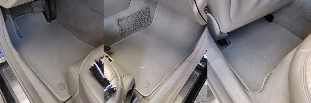 Light grey velour carpet floor mats custom-fitted for Mercedes E-Class W211 (2003–2009), showcasing driver, passenger, and rear placement with OEM-style clips.