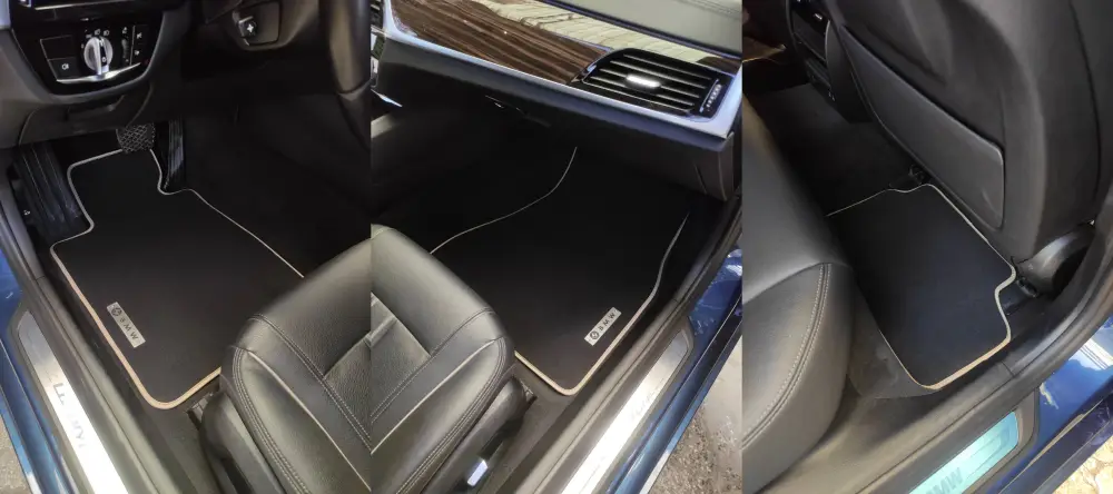 Custom velour floor mats for BMW G30 5 Series - front and rear fitment with beige edge trim