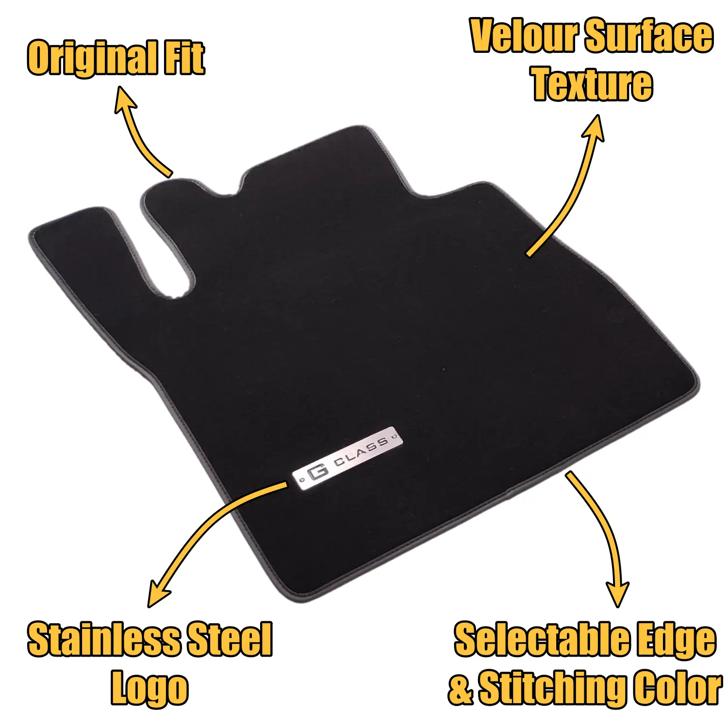 Mercedes G-Class W463 custom velour floor mat with stainless steel logo, original fit design, selectable edge and stitching color, and velvety surface texture