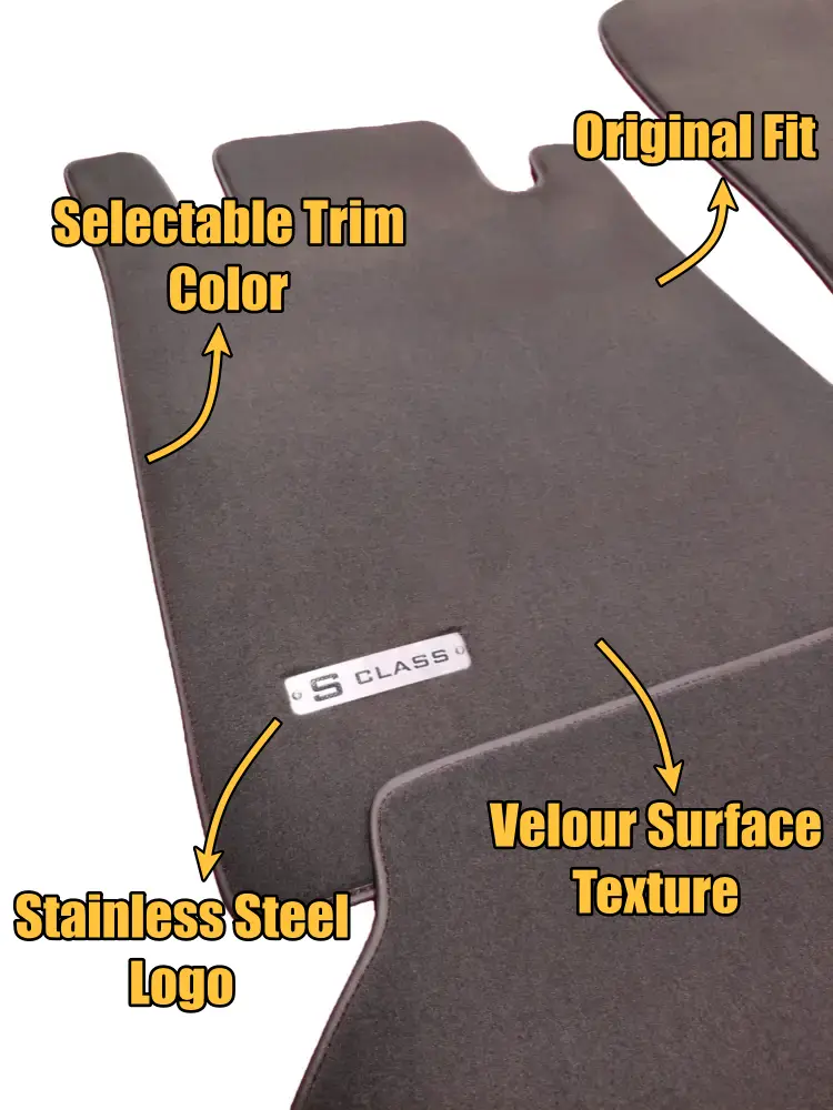 Mercedes W140 velour floor mats with selectable trim color, stainless steel S-Class logo, and OEM fit