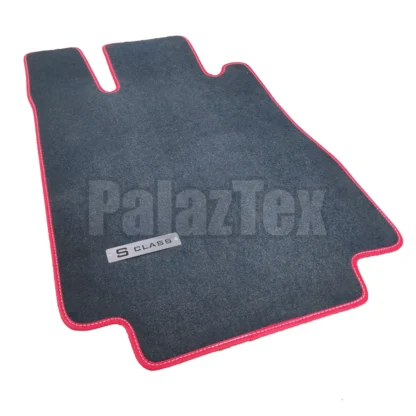 blue velour carpet mat for mercedes w220 with red edge binding and s class metal logo