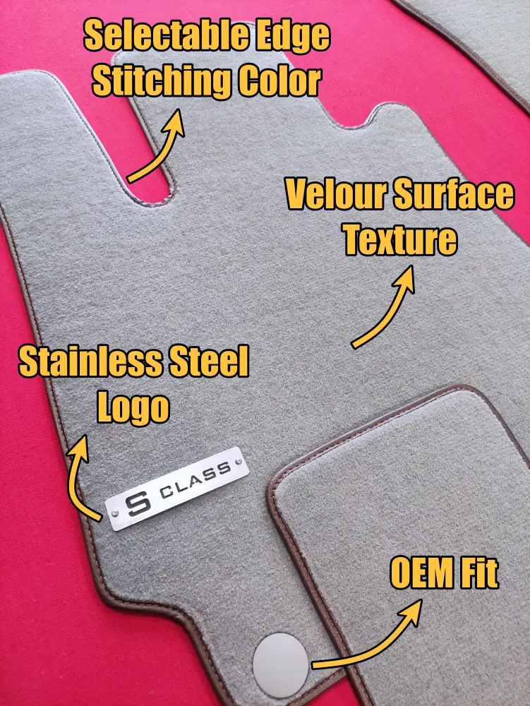 Custom velour car floor mat for Mercedes S-Class W221 with stainless steel logo, selectable brown edge stitching and OEM fit on red background