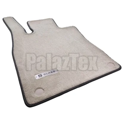 light beige carpet floor mat for mercedes s w223, black edge binding and s class logo