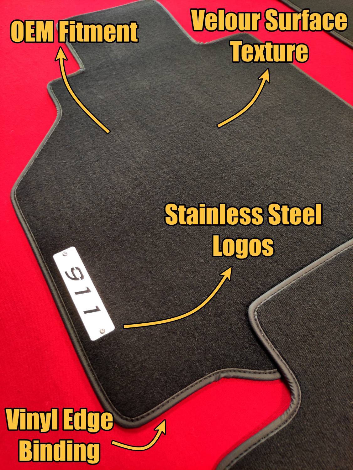 Custom Porsche 911 velour floor mat featuring OEM fitment, stainless steel 911 logo, vinyl edge binding and soft velour surface