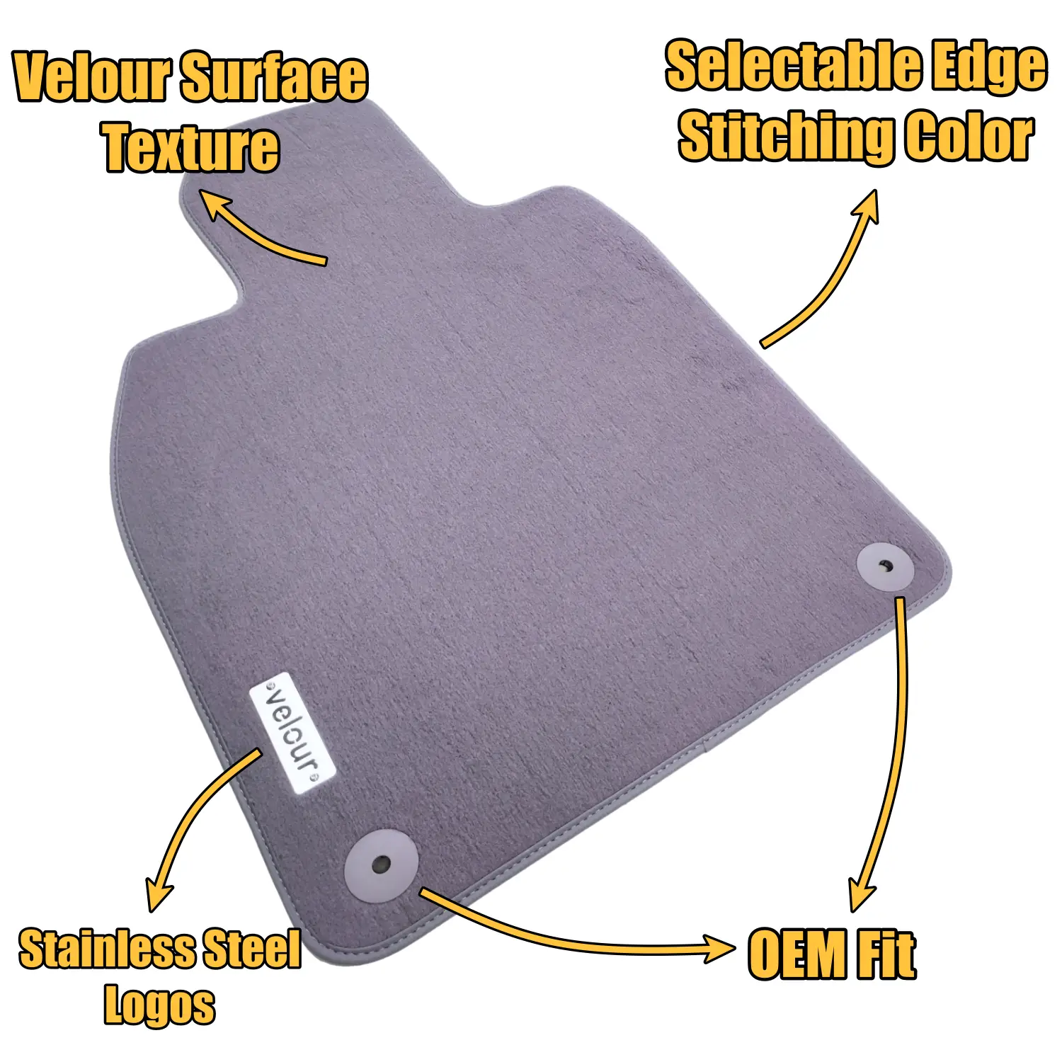 Custom velour floor mat for Porsche Boxster with stainless steel logo, OEM fitment clips and selectable edge stitching color