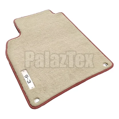 2007-2012 saab 9-3 light beige carpet floor mat with 9-3 metal logo and camel edge binding