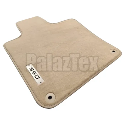 volvo s90 beige carpet mat, with s90 logo and beige edge binding and fixing clips