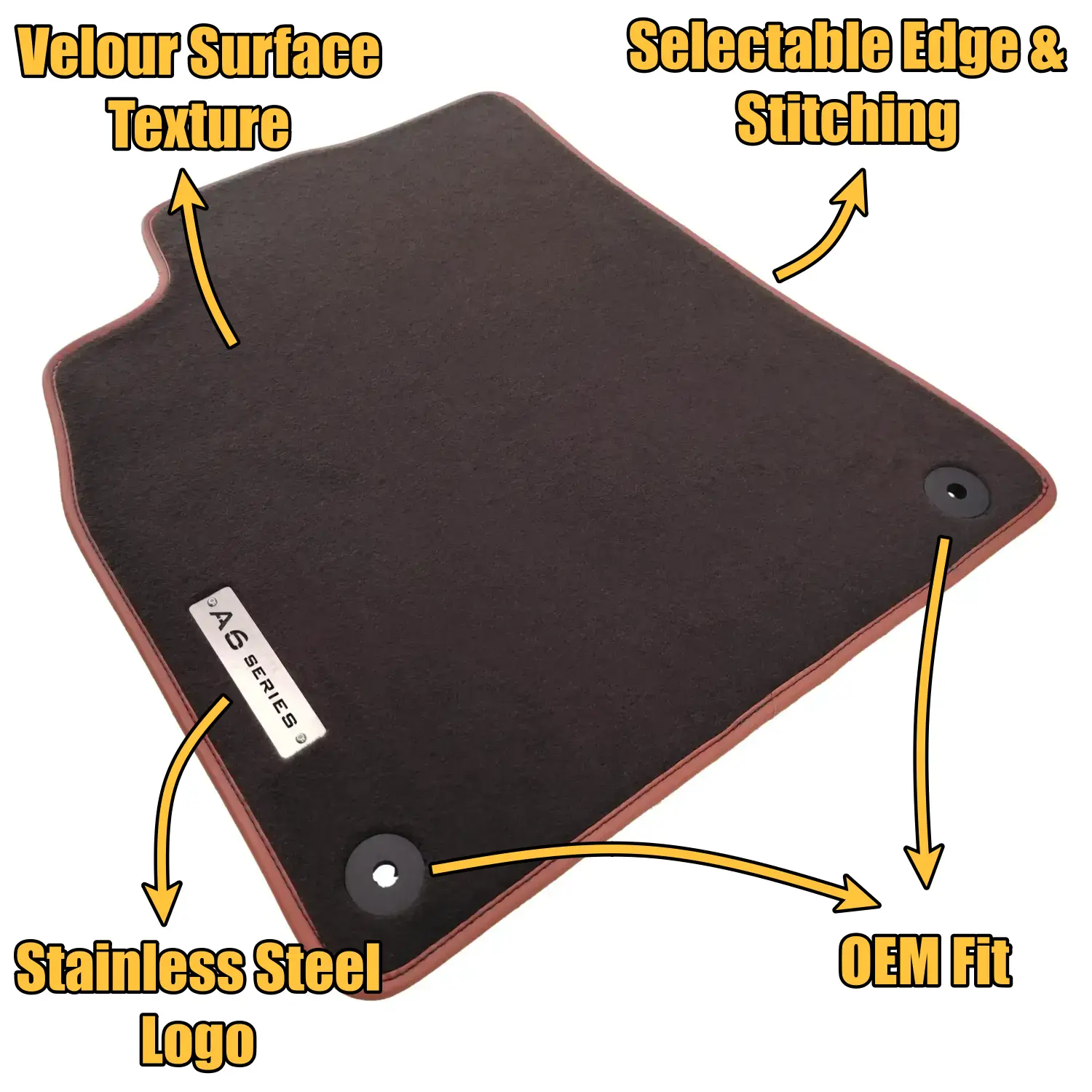 brown carpet audi a6 floor mat with camel edge binding, a6 series logo and oem fixing clips