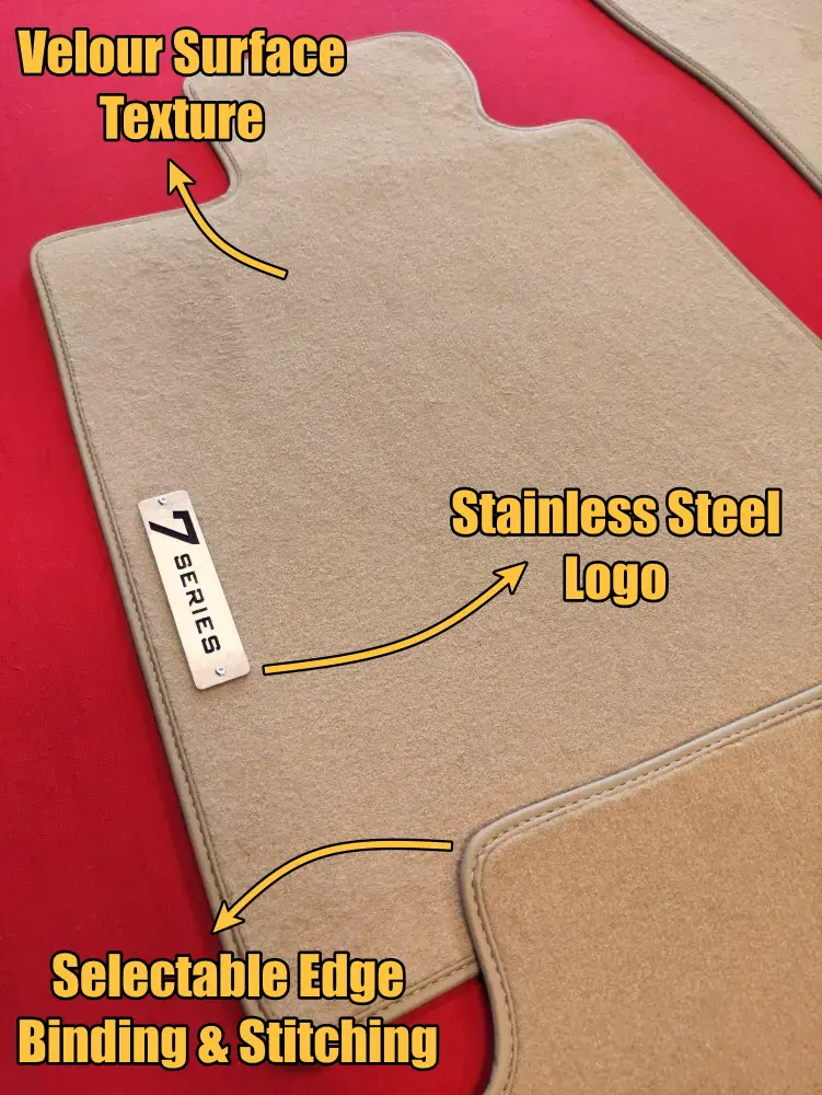 bmw 7 series g12 compatible beige velour mat with steel 7 series logo