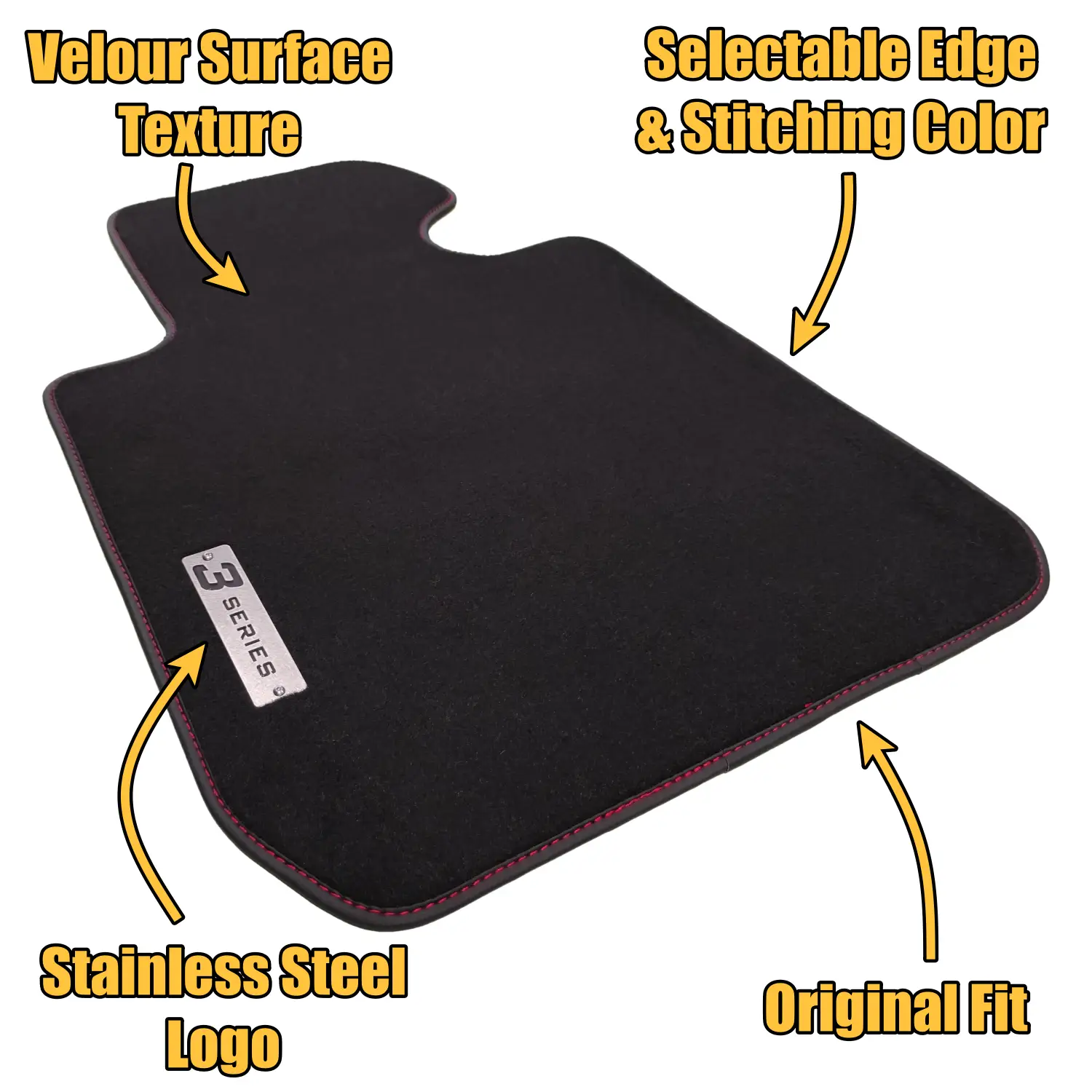 custom made bmw f30 velour floor mats with 3 series metal logo and red stitching