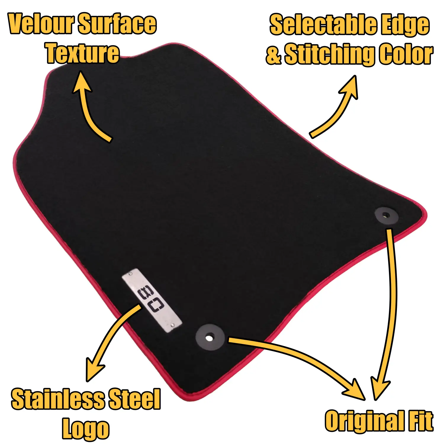 audi 80 floor mats features, black velour carpet with red edge trim and 80 metal logo