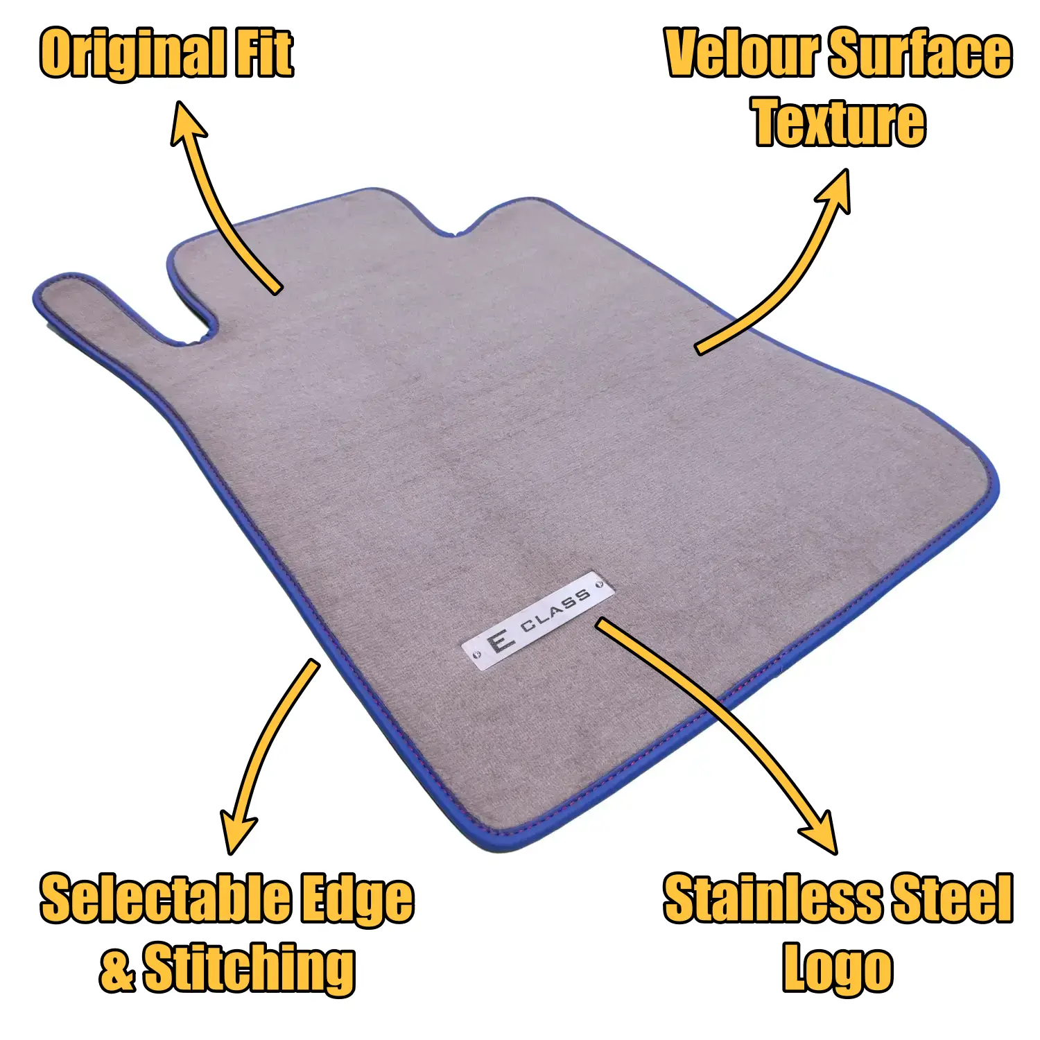 grey velour mat for mercedes e class w210 1996-2003 with metal logo and blue edge binding and red stitching