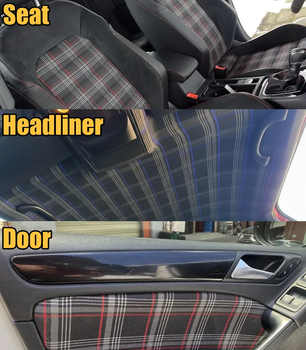 application of plaid automotive fabric for seat headliner and door panel