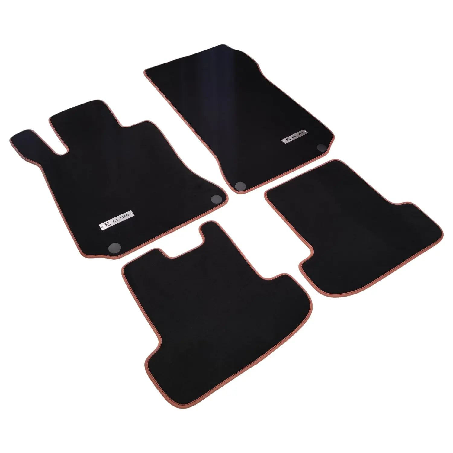 Full 4-piece set of premium black velour floor mats with tan leatherette piping for Mercedes E-Class Coupe (C207) and Cabriolet/convertible (A207).
