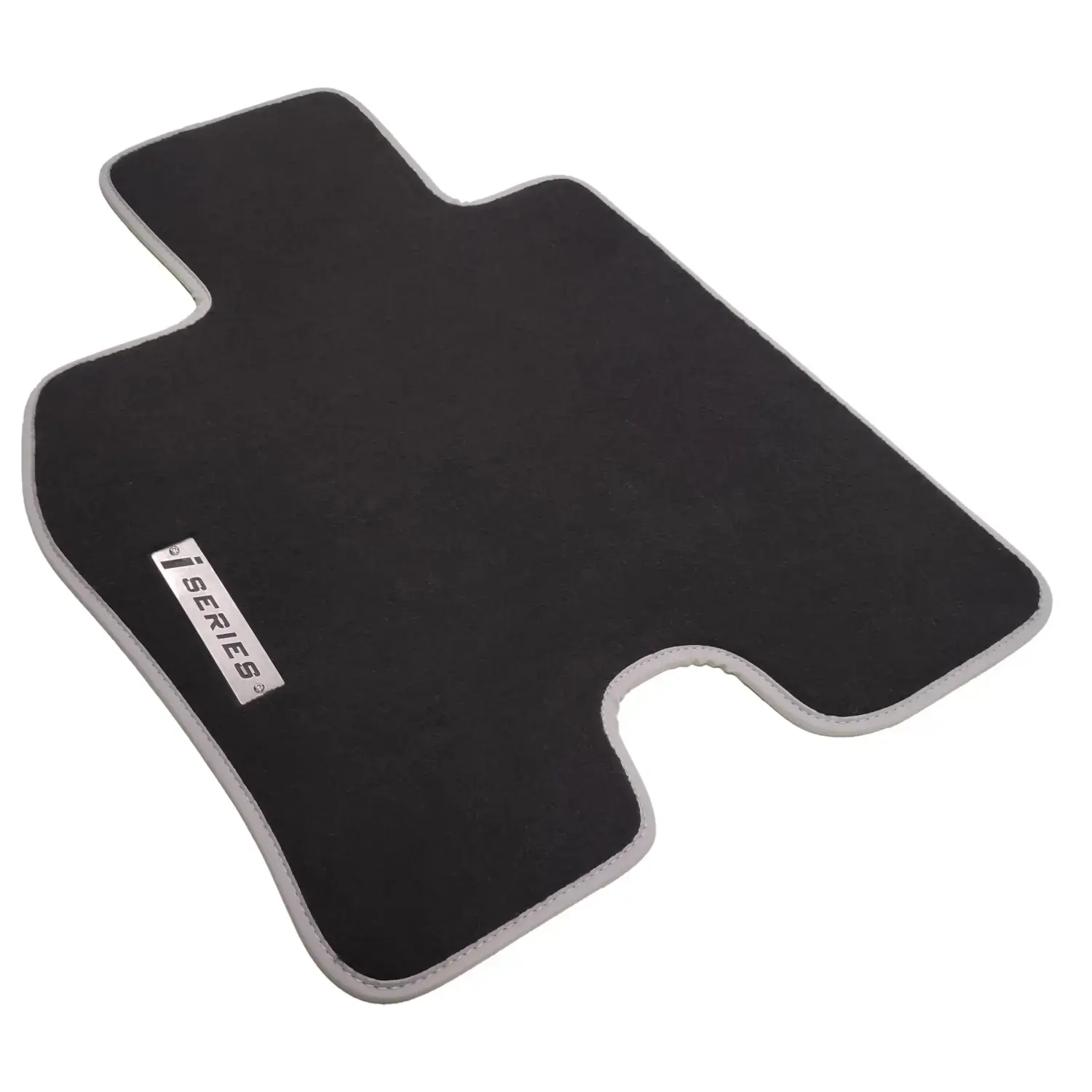 bmwi i8 2014-2020 black carpet mat with i series chrome logo and gray edge trim