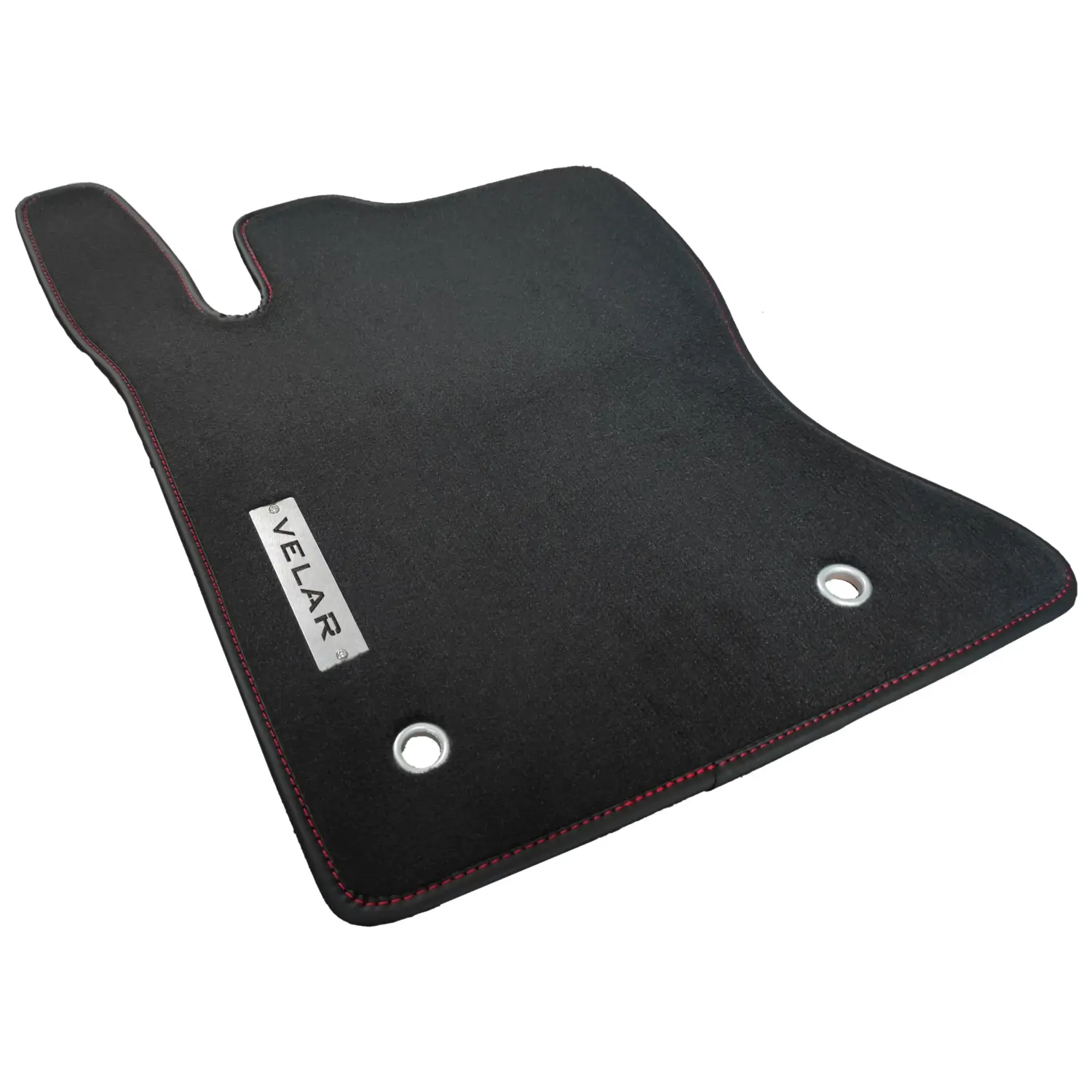 range rover velar velour floor mat with chrome velar logo and red stitching