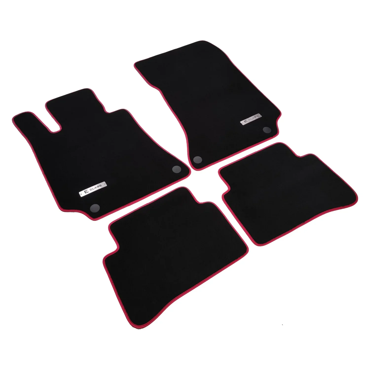 mercedes e series 2009-2016 w212 black velour floor mats, with red edging and metal logo
