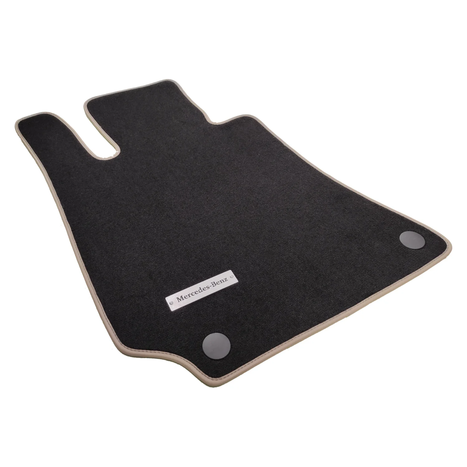 mercedes e series 2009-2016 w212 black carpet floor mat with beige edging and mercedes logo