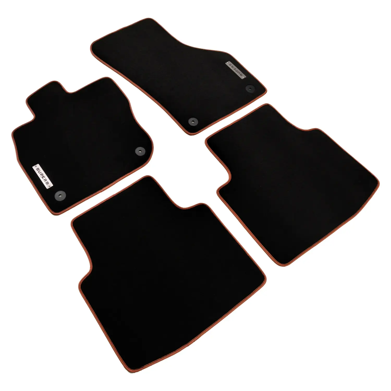 skoda superb 2026 black floor mats with camel edging and superb emblem, 4 pieces original fit